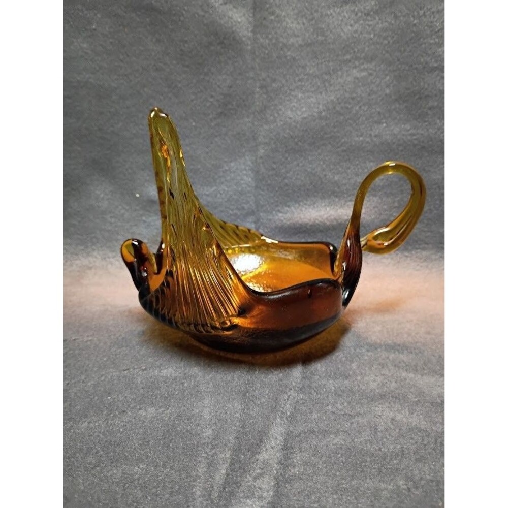 Hand Blown Amber Glass Swan Bowl Trinket Dish Bird Figurine Vintage MCM